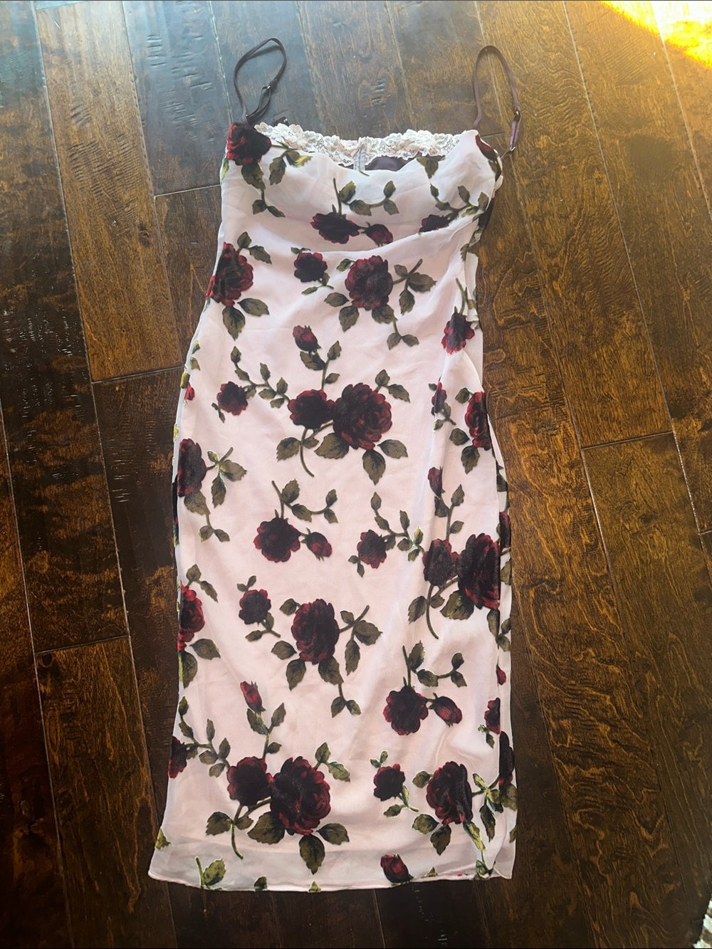House of CB Blush Pink Floral Slip Dress with Burgundy Roses